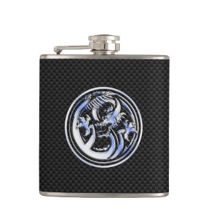 Chrome Dragon Crest black Carbon Fibre Print Hip Flask