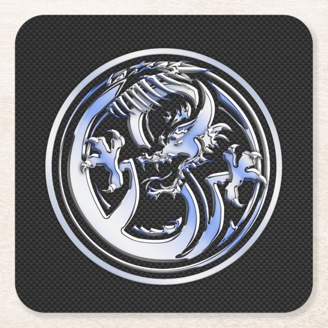 Chrome Dragon Crest dark Carbon Fibre Print Square Paper Coaster (Front)