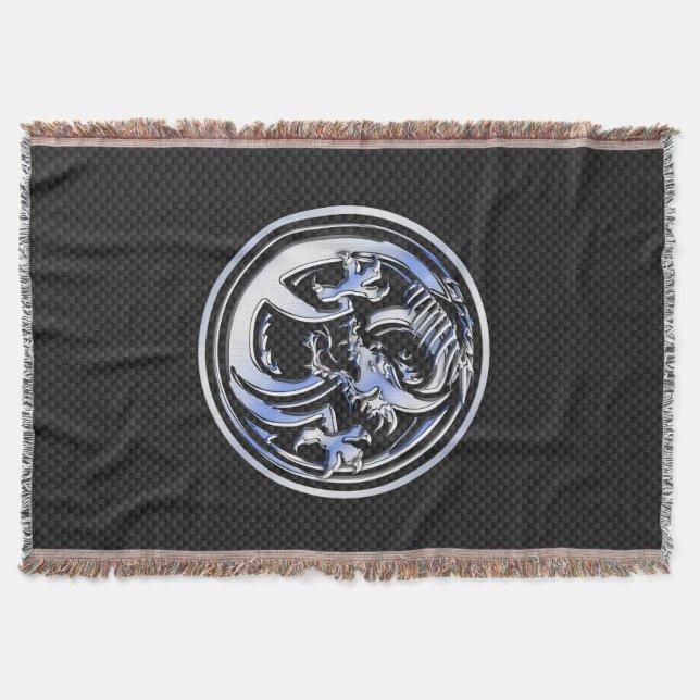 Chrome Dragon Crest dark Carbon Fibre Print Throw Blanket (Front)