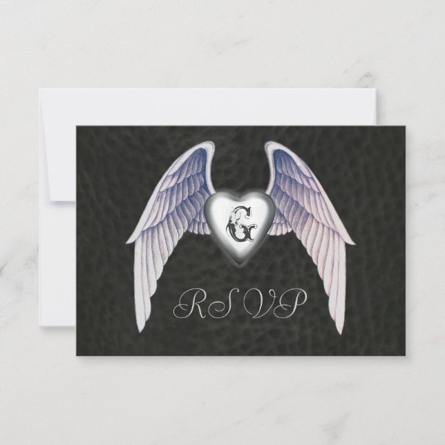 Chrome & Faux Leather Winged Heart RSVP Invitation (Front)