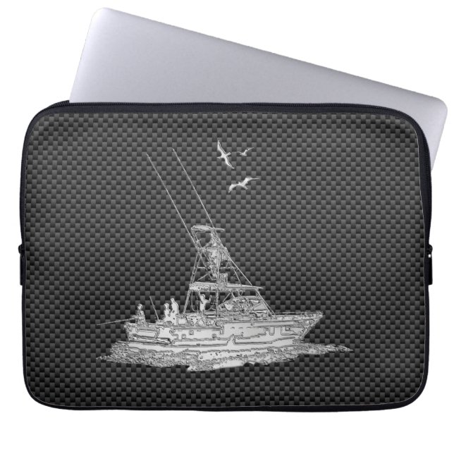 Chrome Fishing Boat on Carbon Fibre Decor Laptop Sleeve (Front)