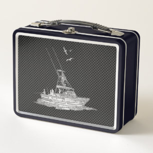 Chrome Fishing Boat on Carbon Fibre Decor Metal Lunch Box
