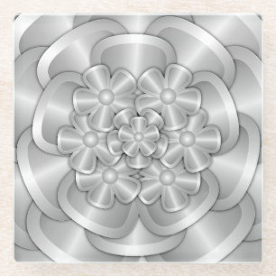 Chrome Flowers - Silver Glass Coaster
