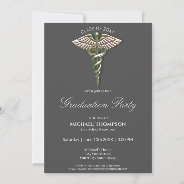 Chrome Holographic Caduceus Graduation Invitation (Front)