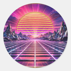 Chrome Horizon — Retro Synthwave Sunset Classic Round Sticker