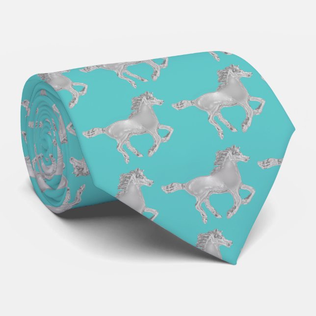 Chrome Horse Aqua Background Tie (Rolled)