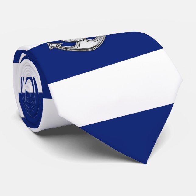 Chrome Lifesaver on Nautical Navy Blue Stripes Tie (Rolled)