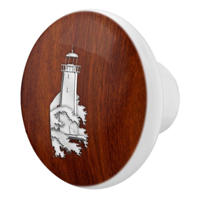 Chrome Lighthouse on Mahogany Grain Print Ceramic Knob (Right)