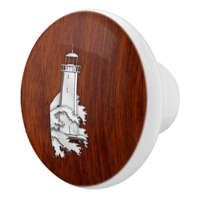 Chrome Lighthouse on Mahogany Grain Print Ceramic Knob (Right)