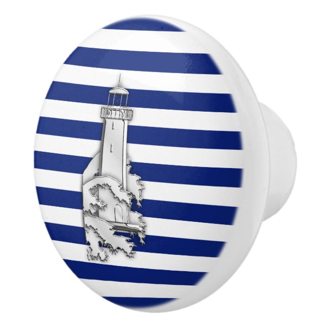 Chrome Lighthouse on Nautical Navy Stripes Print Ceramic Knob (Right)