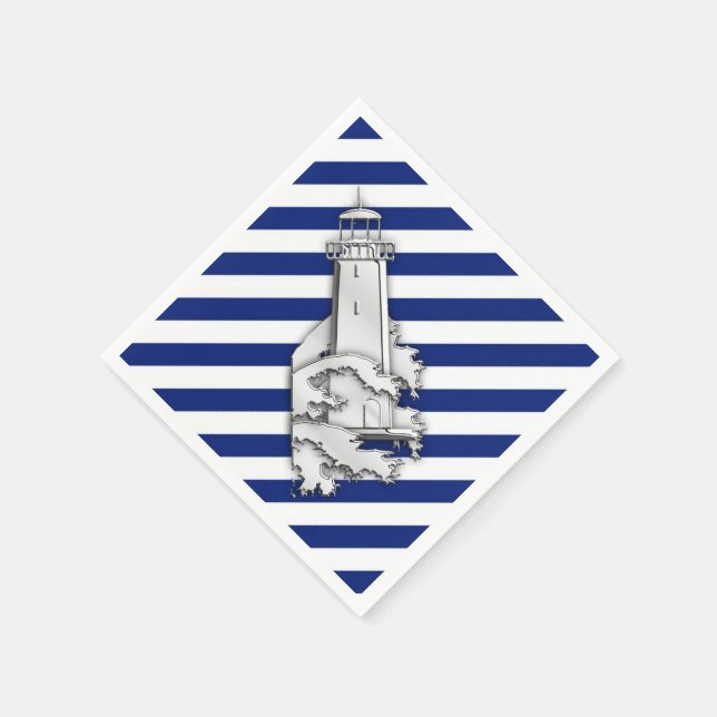 Chrome Lighthouse on Navy Stripes Print Napkin (Corner)
