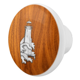 Chrome Lighthouse on Teak Wood Grain Print Ceramic Knob