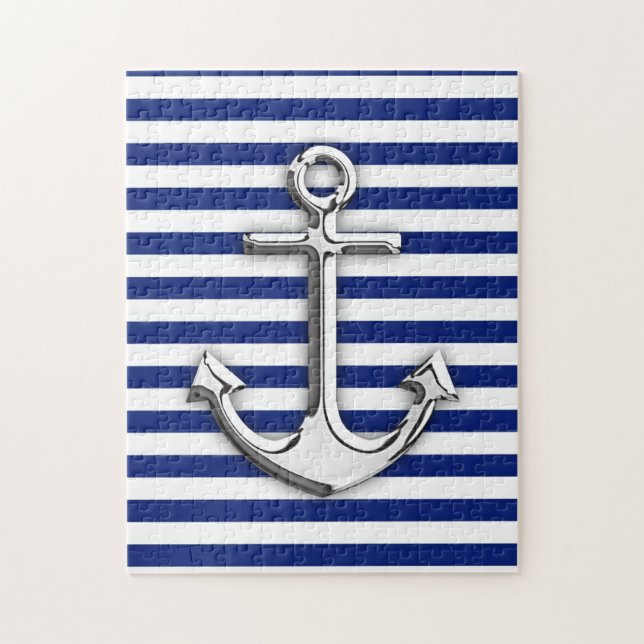 Chrome Like Anchor Design on Navy Stripes Jigsaw Puzzle (Vertical)