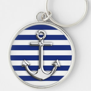 Chrome Like Anchor Design on Navy Stripes Key Ring