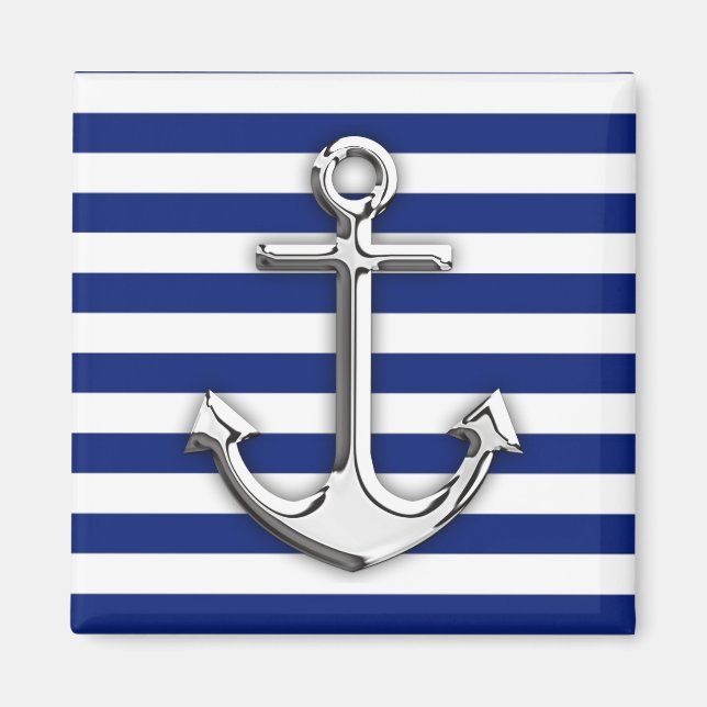 Chrome Like Anchor Design on Navy Stripes Magnet (Front)