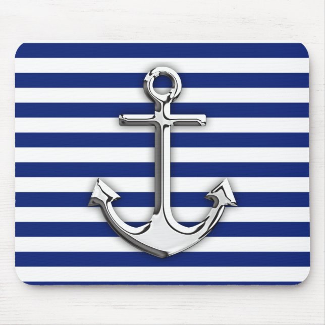 Chrome Like Anchor Design on Navy Stripes Mouse Pad (Front)