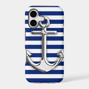 Chrome Like Anchor Graphic on Navy Stripes