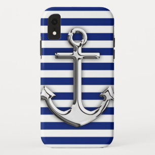 Chrome Like Anchor Graphic on Navy Stripes iPhone XR Case