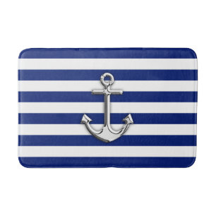 Chrome Like Anchor Nautical Navy Blue Stripes Bath Mat