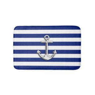 Chrome Like Anchor Nautical Navy Blue Stripes Bath Mat