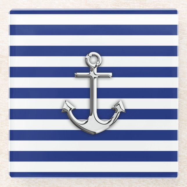 Chrome like Anchor Nautical Navy Blue Stripes Glass Coaster (Front)