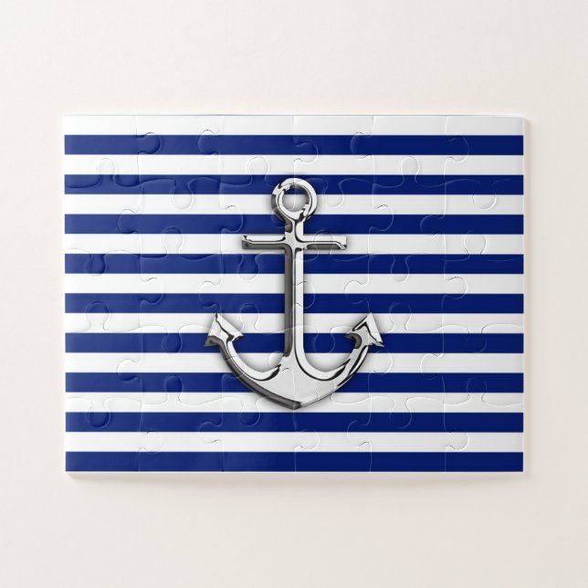 Chrome Like Anchor on Navy Blue Stripes Decor Jigsaw Puzzle (Horizontal)