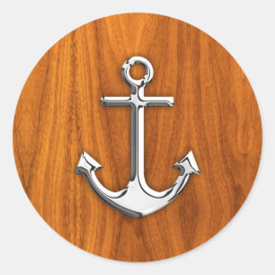 Chrome Like Anchor on Teak Veneer Classic Round Sticker
