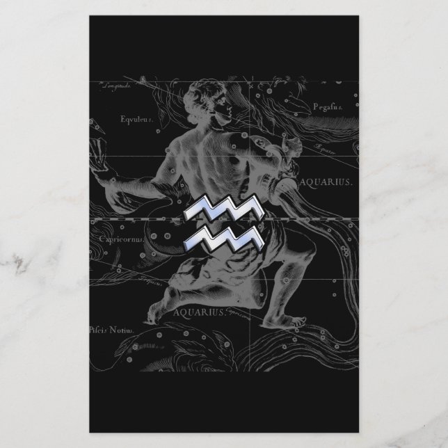 Chrome like Aquarius Zodiac Sign on Hevelius Stationery (Front)