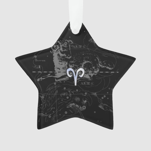 Chrome like Aries Zodiac Sign on Hevelius Black Ornament (Front)