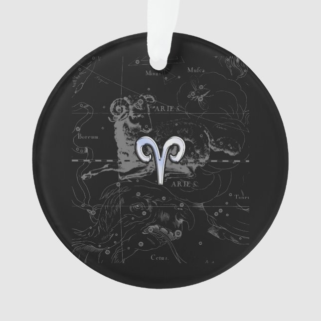 Chrome like Aries Zodiac Sign on Hevelius Black Ornament (Front)