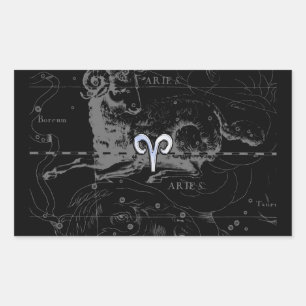 Chrome like Aries Zodiac Sign on Hevelius Black Rectangular Sticker