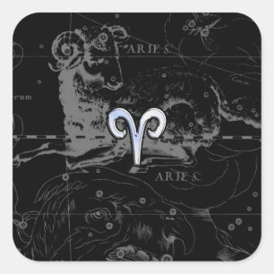 Chrome like Aries Zodiac Sign on Hevelius Black Square Sticker