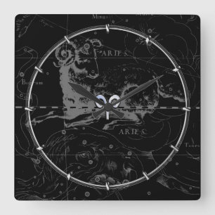 Chrome like Aries Zodiac Sign on Hevelius Black Square Wall Clock