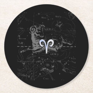 Chrome like Aries Zodiac Symbol on Hevelius 1690 Round Paper Coaster