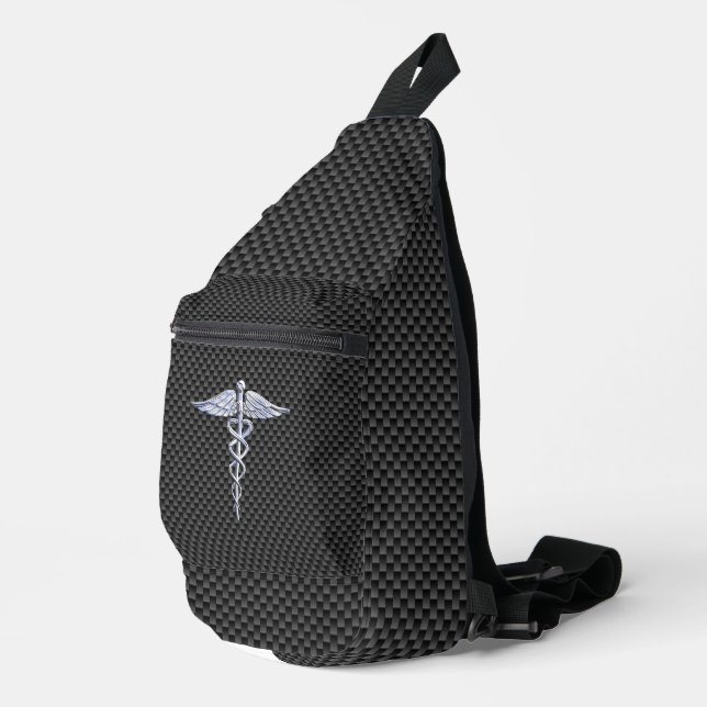Chrome Like Caduceus Medical Symbol Carbon Fiber Sling Bag (Right Corner)