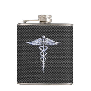 Chrome Like Caduceus Medical Symbol Carbon Fibre Hip Flask