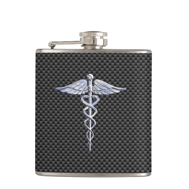 Chrome Like Caduceus Medical Symbol Carbon Fibre Hip Flask (Front)