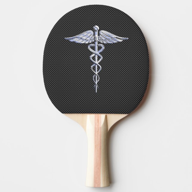 Chrome Like Caduceus Medical Symbol Carbon Fibre Ping Pong Paddle (Front)