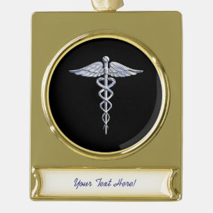 Chrome Like Caduceus Medical Symbol Gold Plated Banner Ornament