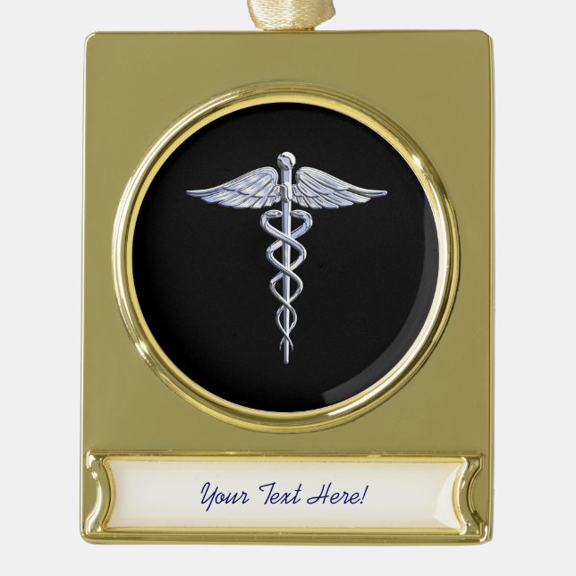 Chrome Like Caduceus Medical Symbol Gold Plated Banner Ornament (Front)