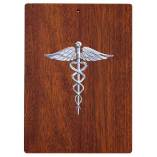 Chrome Like Caduceus Medical Symbol Mahogany Brown Clipboard