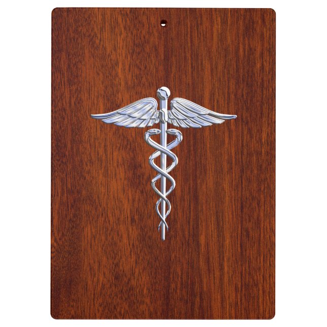 Chrome Like Caduceus Medical Symbol Mahogany Brown Clipboard (Back)