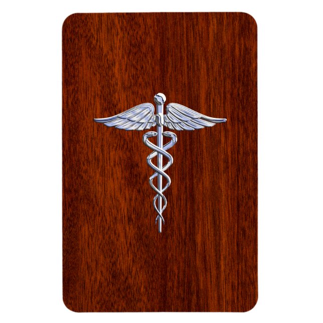 Chrome Like Caduceus Medical Symbol Mahogany Brown Magnet (Vertical)