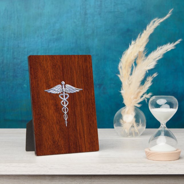 Chrome Like Caduceus Medical Symbol Mahogany Brown Plaque (Side)
