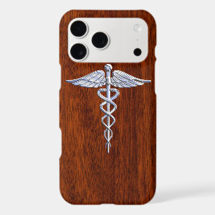 Chrome Like Caduceus Medical Symbol Mahogany Decor