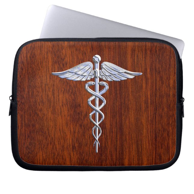Chrome Like Caduceus Medical Symbol Mahogany Print Laptop Sleeve (Front)