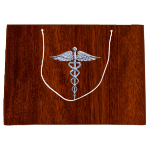 Chrome Like Caduceus Medical Symbol Mahogany Print Large Gift Bag