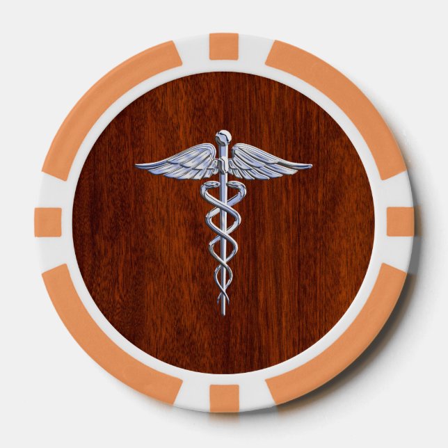 Chrome Like Caduceus Medical Symbol Mahogany Print Poker Chips (Front)