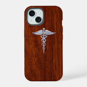 Chrome Like Caduceus Medical Symbol Mahogany Style iPhone 15 Case