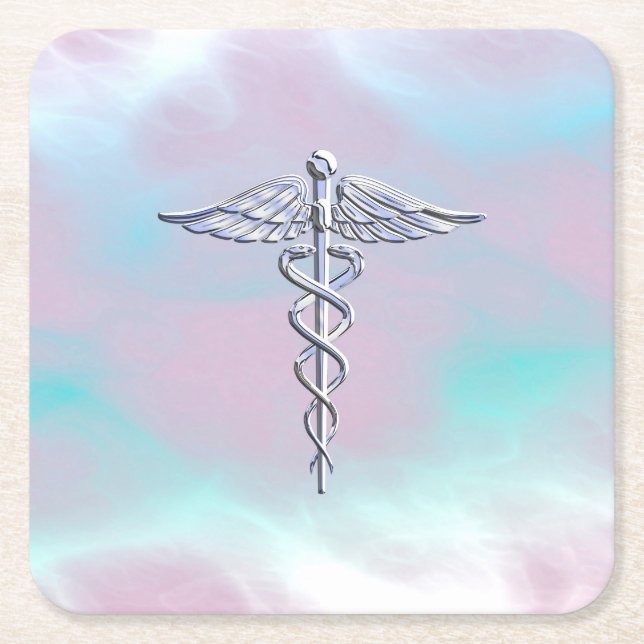 Chrome Like Caduceus Medical Symbol Mother Pearl Square Paper Coaster (Front)
